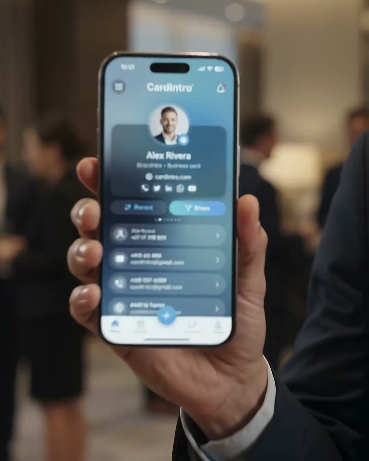 A hand holding a phone showing a digital business card app at a networking event
